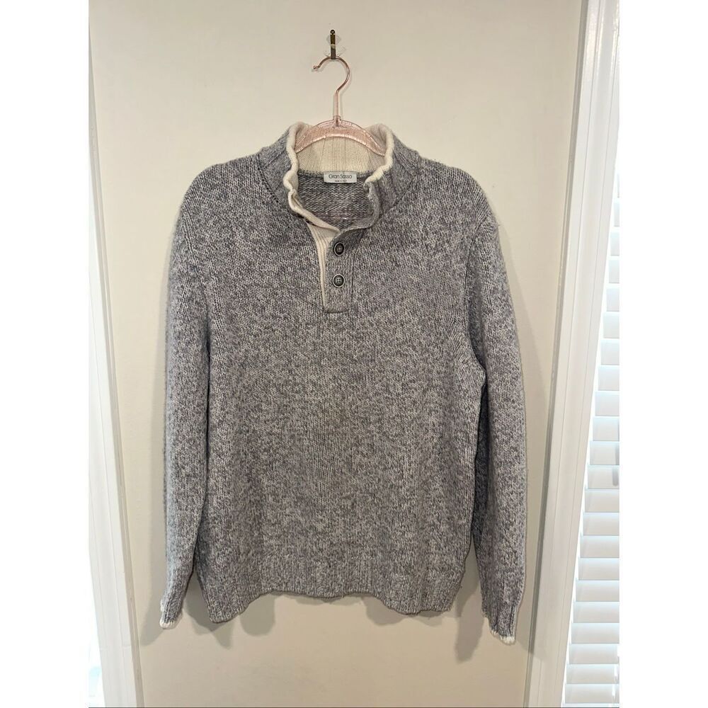 Gran Sasso Virgin Wool Henley Sweater Gray Size 54 / L Made in Italy Mens
